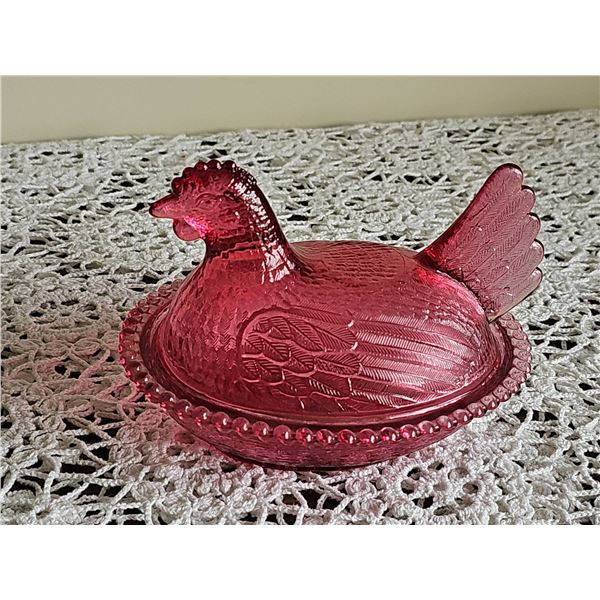 Ruby Red Pressed Glass Hen on Nest Covered Dish