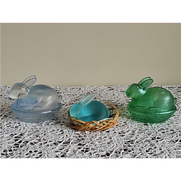 Three Coloured Glass Bunny Covered Dishes