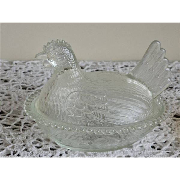 Clear Pressed Glass Hen on Nest Covered Dish