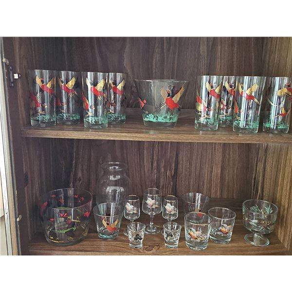 Mid-Century Bird Motif Glassware Set, Assorted Pieces