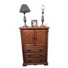 Image 1 : Oak Cabinet With Drawer Storage, Lamps, Clock, and Photo Frame