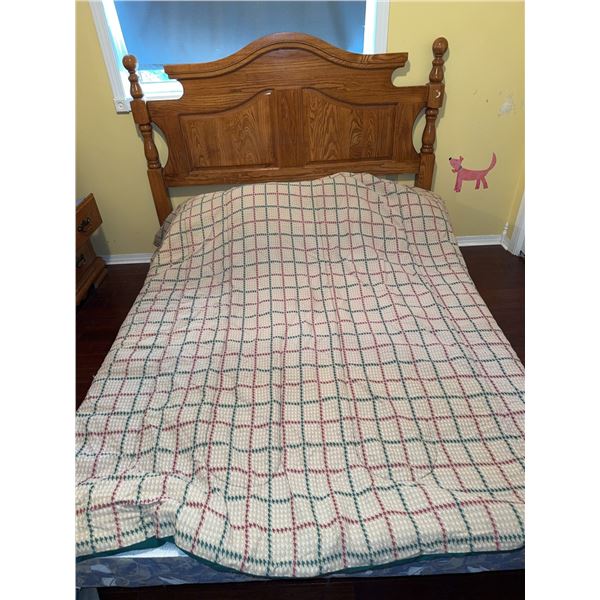 Oak Headboard with Double Boxspring and Quilt
