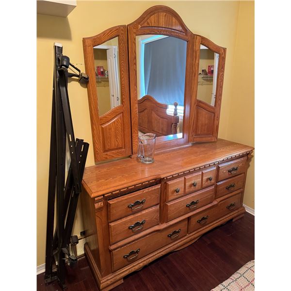Oak Dresser With Mirror and Hardware/Bedframe