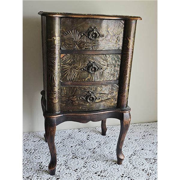 Embossed Metal and Wood Three-Drawer Chest