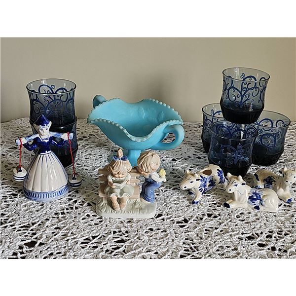 Blue Glass and Ceramic Figurines and Tableware Lot