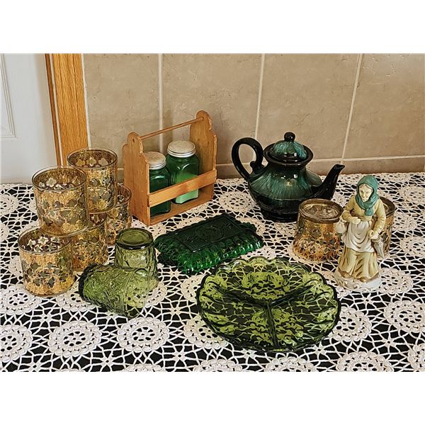 Green Glassware, Gold-Trimmed Tumblers, Figurine, and Caddy