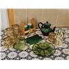 Image 1 : Green Glassware, Gold-Trimmed Tumblers, Figurine, and Caddy