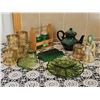 Image 2 : Green Glassware, Gold-Trimmed Tumblers, Figurine, and Caddy