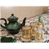 Image 4 : Green Glassware, Gold-Trimmed Tumblers, Figurine, and Caddy
