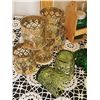 Image 6 : Green Glassware, Gold-Trimmed Tumblers, Figurine, and Caddy