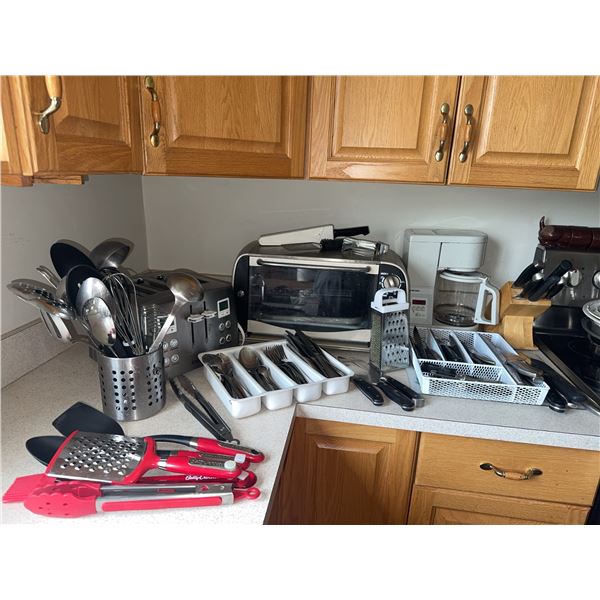 Kitchen Appliance and Utensil Lot: Toaster, Toaster Oven, Coffee Maker, Flatware, Knives