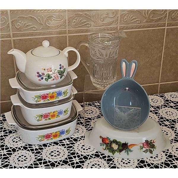 Kitchenware Lot with Floral Teapot, Baking Dishes, and Pitcher