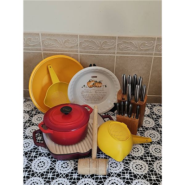 Kitchenware Lot with Knives, Cookware, and Tools