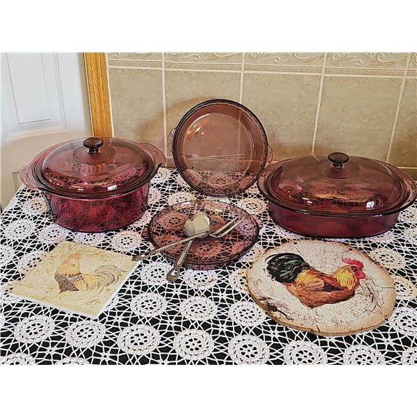 Pyrex Vision Cranberry Glass Cookware Lot with Rooster Trivets