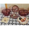 Image 2 : Pyrex Vision Cranberry Glass Cookware Lot with Rooster Trivets