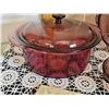 Image 5 : Pyrex Vision Cranberry Glass Cookware Lot with Rooster Trivets