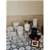 Image 1 : Kitchenware Bundle With Storage Jars, Corning Ware Percolator, and Covered Glass Dish