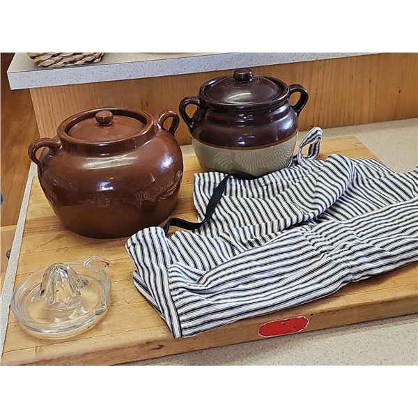2 Bertoy Stoneware Crocks, Glass Juicer, Apron, and Cutting Board