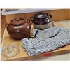 Image 1 : 2 Bertoy Stoneware Crocks, Glass Juicer, Apron, and Cutting Board