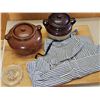 Image 2 : 2 Bertoy Stoneware Crocks, Glass Juicer, Apron, and Cutting Board
