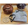 Image 8 : 2 Bertoy Stoneware Crocks, Glass Juicer, Apron, and Cutting Board