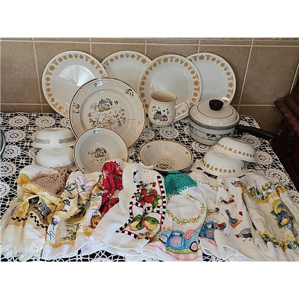 Stoneware Dinnerware, Corelle Plates, and Kitchen Linens Lot