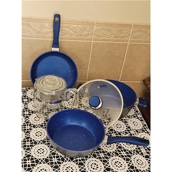 Nonstick Blue Speckled Cookware Set with Glass Percolator