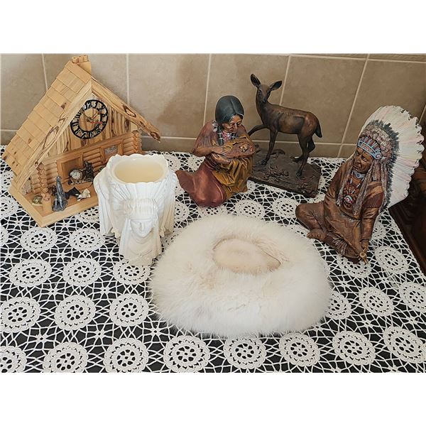Figurines, Wooden Cabin Clock, and Hurwitz Fur Hat