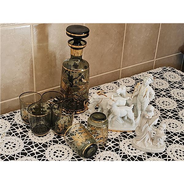 Hand Decorated Glassware Set and Royal Dux Porcelain Figurines