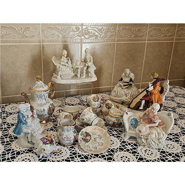 Porcelain Figurines and Gilded Tea Set Collection