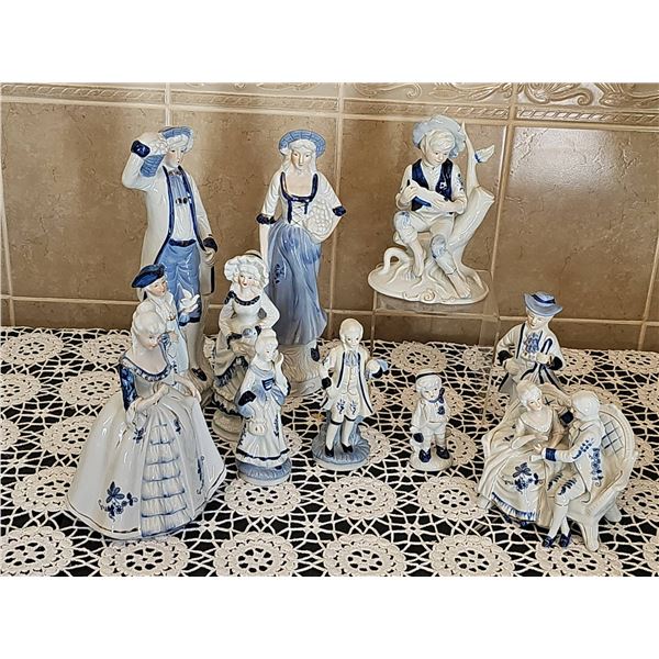 Porcelain Blue and White Figurine Collection, 10 Pieces