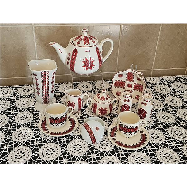 Porcelain Teapot and Tea Set with Red and Black Folk Pattern