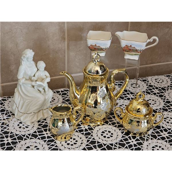 Yamatoro Japan Gold Porcelain Tea Set and Etched Glassware Collection