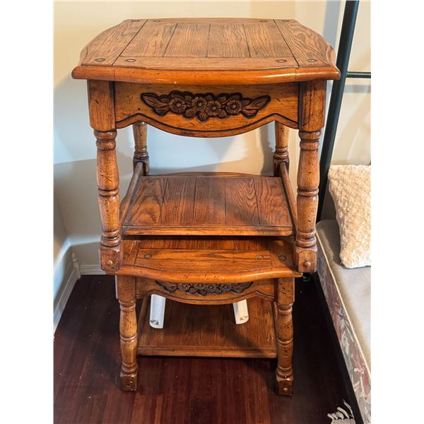 Solid Oak Side Tables with Carved Floral Detail