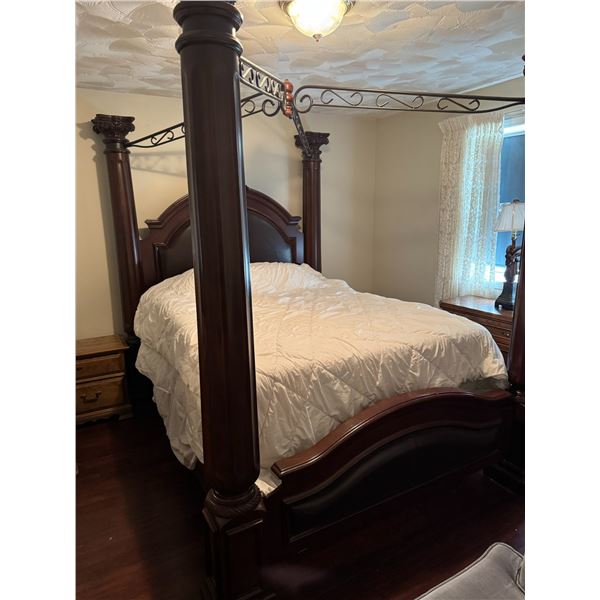 Dark Wood Four-Poster Queen Canopy Bed Frame