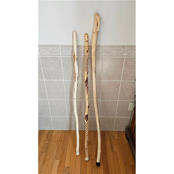 3 Hand-Carved Wooden Walking Sticks