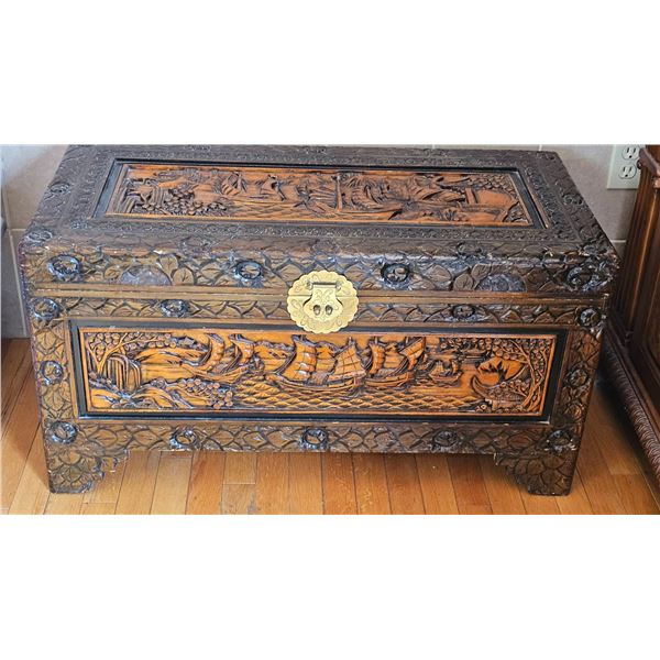 Hand-Carved Wooden Chest with Brass Hardware, Asian Sailing Ship Motif