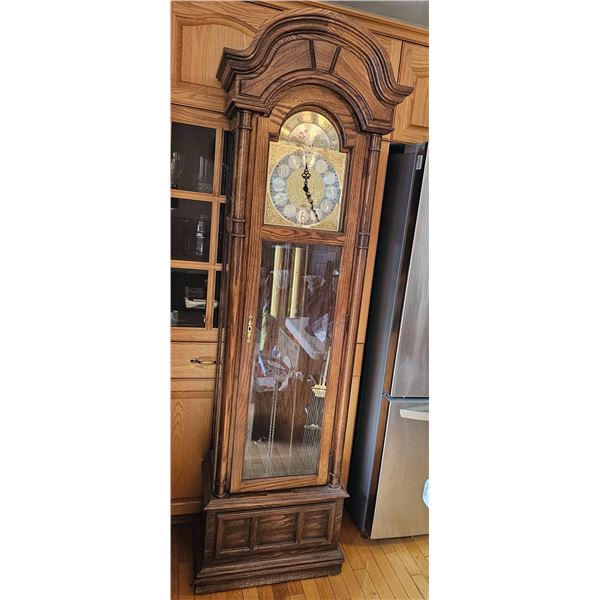 Oak Case Grandfather Clock with Brass Pendulum and Weights