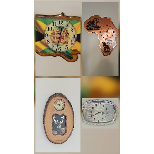 4 Novelty Wall Clocks Including Jamaica and Africa Motifs