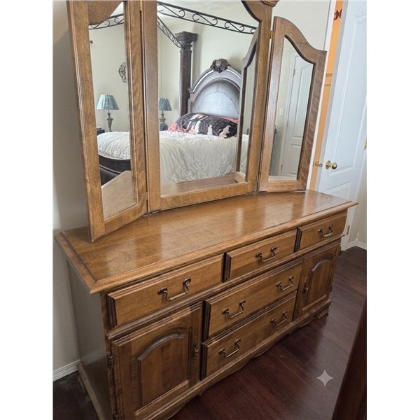 Oak Dresser With Triple Mirror And Brass Handles