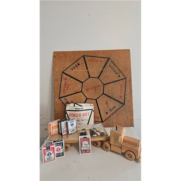 Rummoli Board Set With Poker Pot, Wooden Trucks, Playing Cards