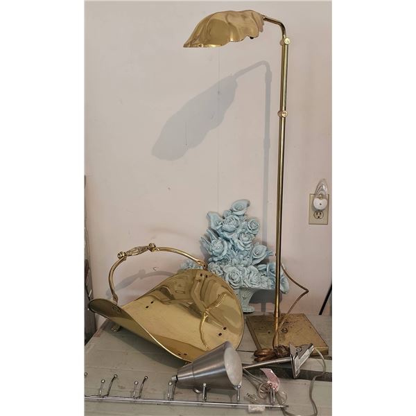 Brass Floor Lamp, Brass Magazine Rack, Silver Clip-On Lamp