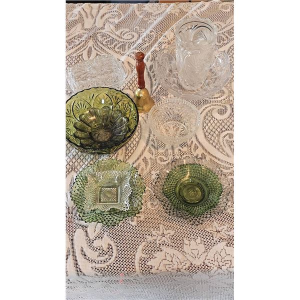 Green and Clear Pressed Glassware With Brass Bell