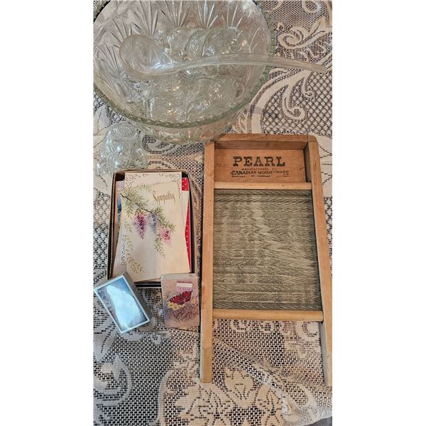 Pearl Canadian Woodware Glass Washboard, Punch Bowl Set, Cards