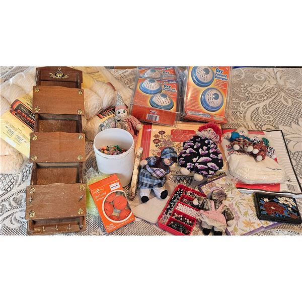 Lot: Yarn, Dolls, Sewing Supplies, Wooden Organizer, Doilies