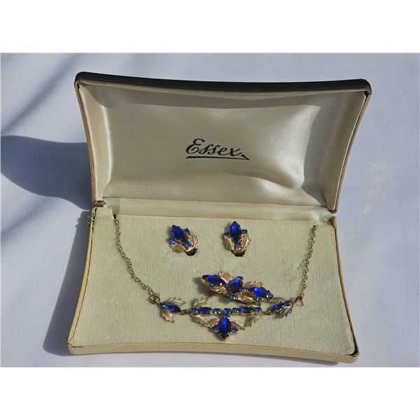 Essex Blue Rhinestone Leaf Jewelry Set in Original Box