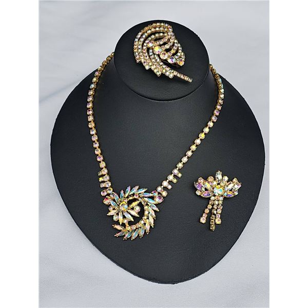 Aurora Borealis Rhinestone Necklace and Brooch Set