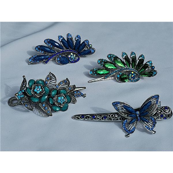 Four Decorative Metal Hair Clips with Gemstone Accents