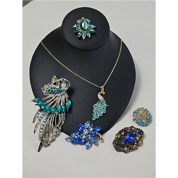 Costume Jewellery Peacock Brooches, Floral Brooch, and Pendant