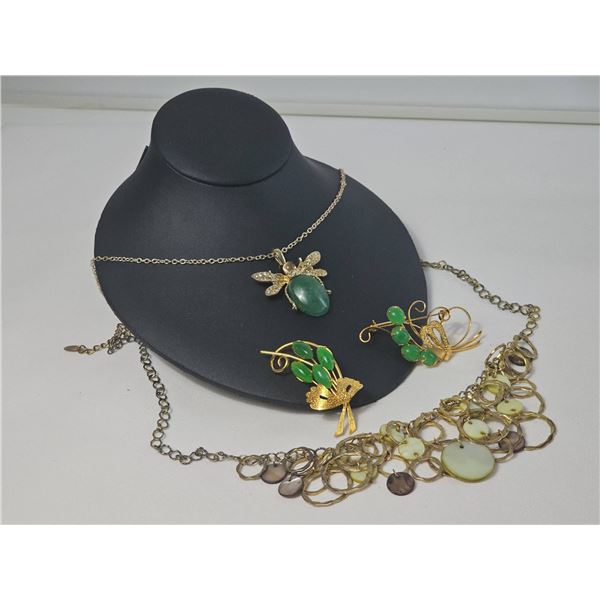 Costume Jewellery With Green Stones and Gold Tone Metal